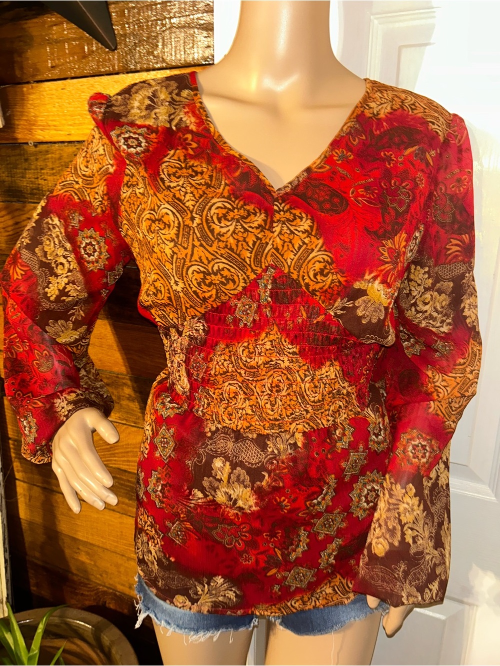 Y2K Bohemian Paisley V-Neck Blouse in Red and Gold